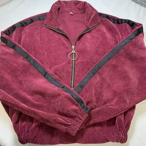 Retro Burgundy Corduroy Quarter Zip Bomber Jacket Cropped Athletic‎ Women's Y2K